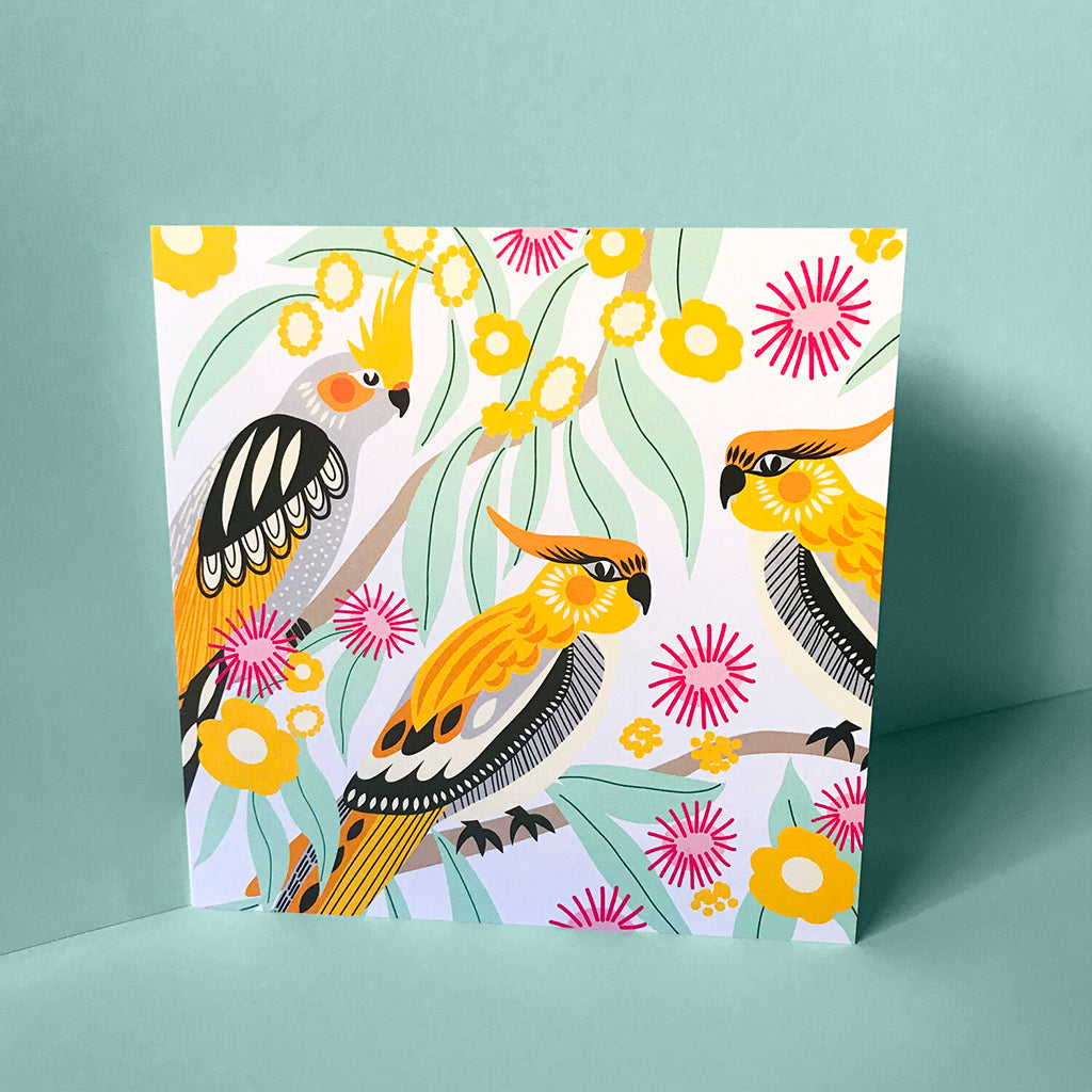 The card 'Cockatiels with Wattle' is blank inside and comes with an envelope