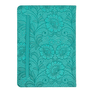 The back cover is in the same teal colour, but with a different floral design and the inside back cover pocket expands to hold notes, cards, mementos, and more