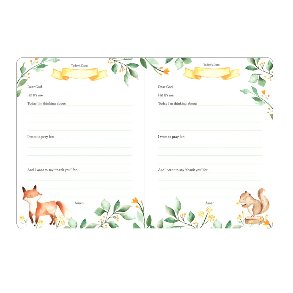 Each prayer page has space to note the date and the following: &#39;&#39;Dear God, Hi! It&#39;s me. Today I&#39;m thinking about: _____ I want to pray for: _____. And I want to say &#39;thank you&#39; for: ____. Amen.&#39;&#39;