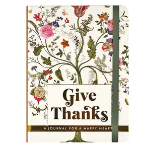 Give Thanks, a Journal for a Happy Heart has the unique image of a tree with different style flowers