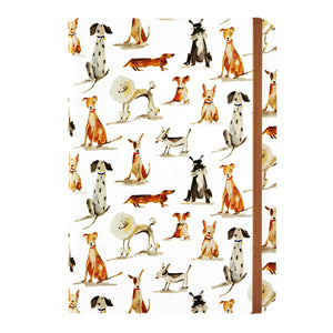 This Dog Days journal has pooches of many breeds, in muted grey, white, and tan which stand out against a matte white background with the canine design being embossed and embellished with gloss accents