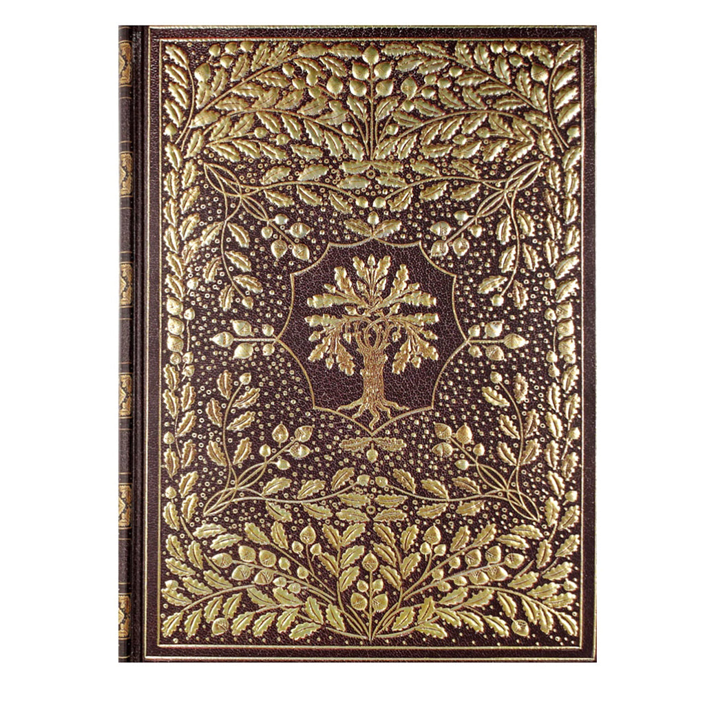 The cover design of the Gilded Tree of Life journal is embossed and embellished with iridescent highlights set on a dark brown background in Morocco goatskin leather