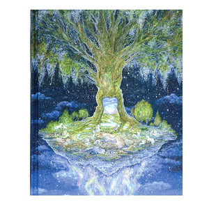 The cover of this dreamlike journal depicts a world tree afloat in a star-filled universe, with fairy folk and unicorns at its base. A heart-shaped portal within the tree's trunk opens into another world and the silver foil detailing illuminates the tree's wisteria-like foliage and the Aurora Borealis beneath