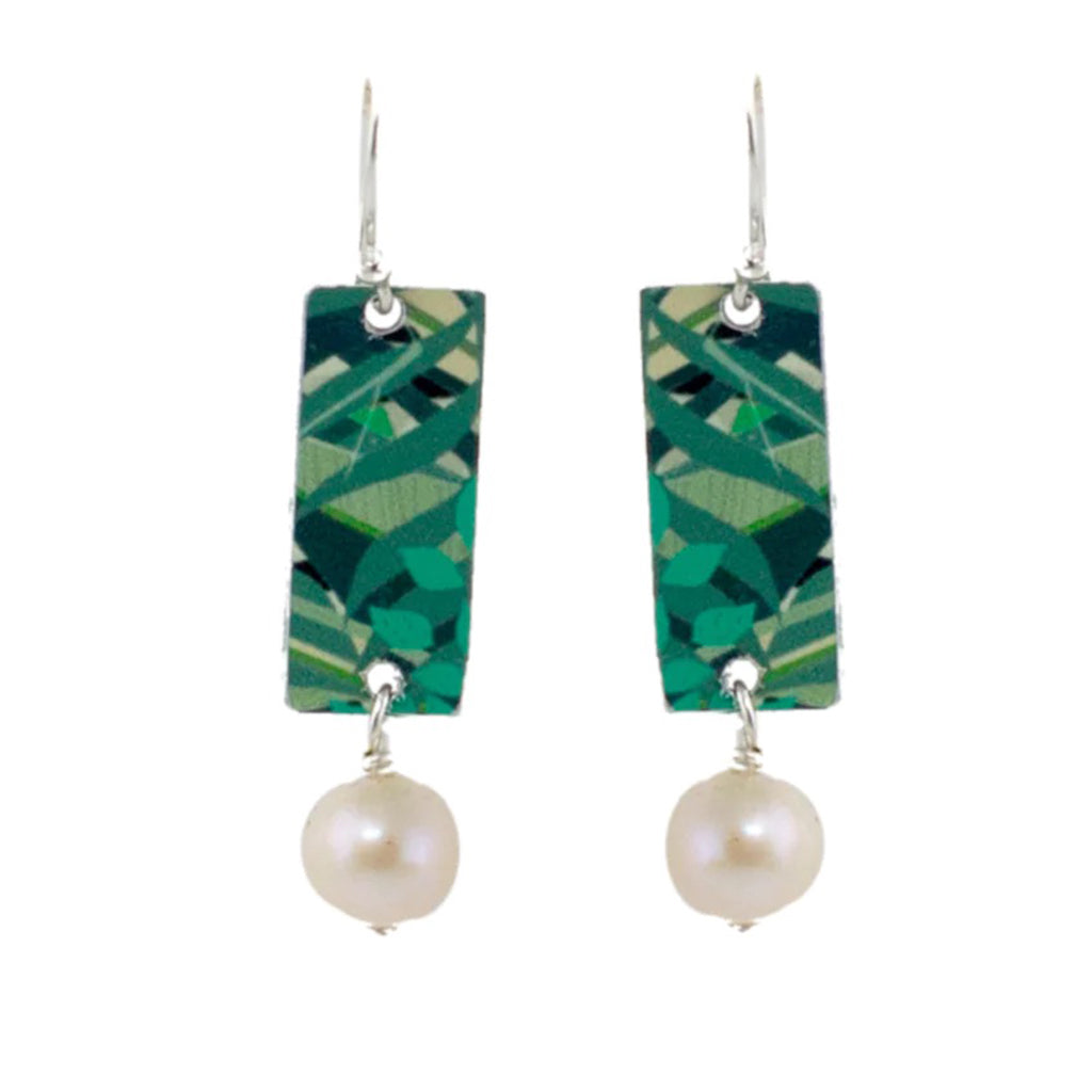 Small Pearl Bar Drop earrings designed by Jennie Riley with abstract pattern in shades of green