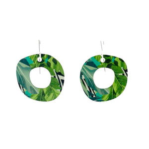 Depicting vibrant shades of tropical green Cats Eye earrings designed by Australian artist Jennie Riley