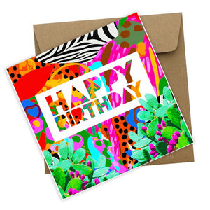 Happy Birthday Tropical Rainbow design by Australian artist Jennie Riley depicting tropical leaves and Happy Birthday message in vibrant colours 