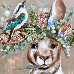 Hand painted kangaroo wearing a headdress made of banksia flowers and housing a kookaburra