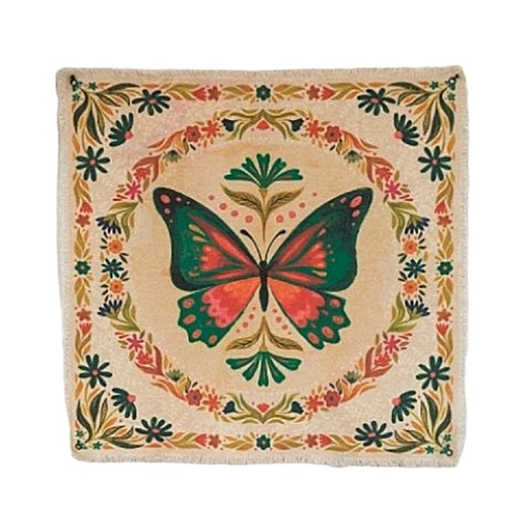 This canvas print from Natural Life depicts a large butterfly in the center with a floral design around the edges