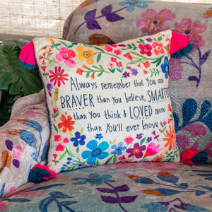 This cushion is so much fun with it's bright joyful colours, abundance of flowers, tassels, and inspirational message