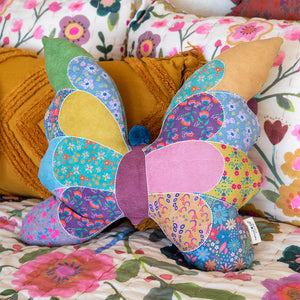 This delightful Whimsy Patchwork Butterfly pillow is beautifully made in a range of colourful fabrics