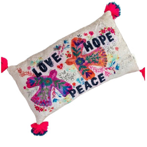 This Cozy cushion of Love, Hope and Peace with its two flying doves is enhanced with tassels on each corner