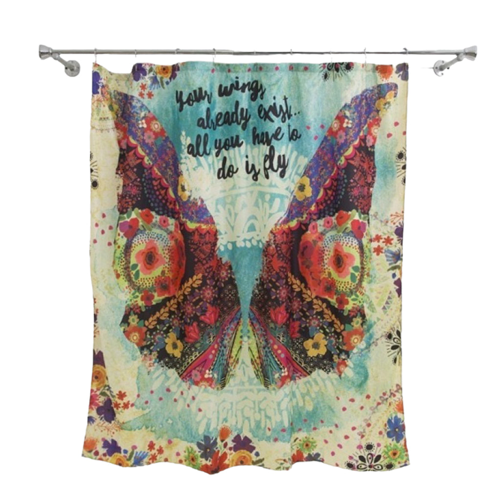 How awesome is this shower curtain with its majestic printed butterfly and message 'Your wings already exist... all you have to do is fly' 