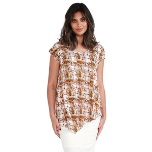 This Holiday Tee from Lou Lou Australia has the Aztec print, capped sleeves, and a v neckline