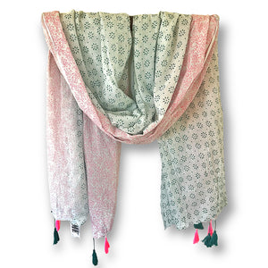 This Print Block scarf has a pale teal background with an iridescent pink print block border and abstract flower block print in teal