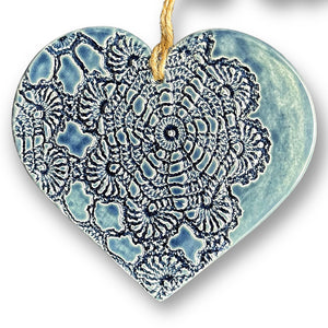 Hand made ceramic hanging heart in denim colour with unique 3D pattern by Australian sculptor Wendy Britton