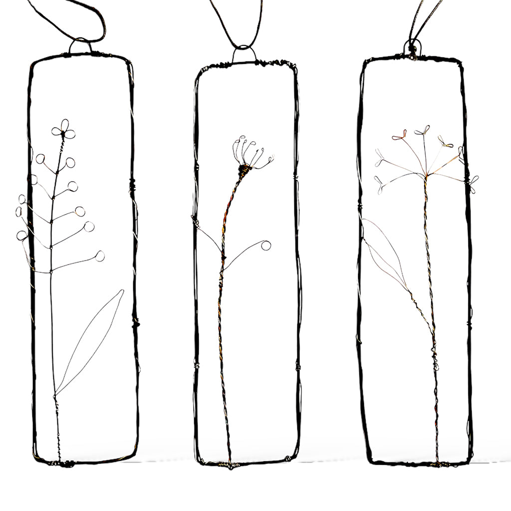 Three handmade wire rectangular pictures with fennel, cow parsley and sorrel sprigs