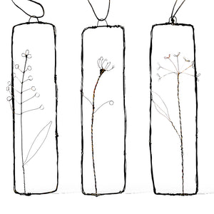 Three handmade wire rectangular pictures with fennel, cow parsley and sorrel sprigs