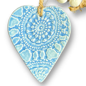 Hand made Ceramic hanging heart in baby blue with unique 3D pattern