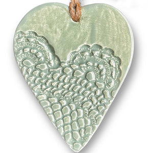 Hand made Ceramic hanging heart in sage with unique 3D pattern