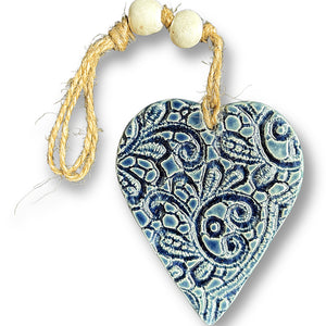 Hand made Ceramic hanging heart in denim blue with unique 3D pattern