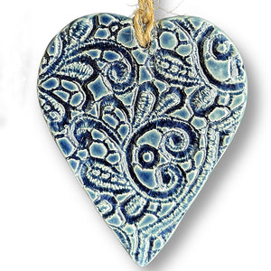 Hand made Ceramic hanging heart in denim blue with unique 3D pattern