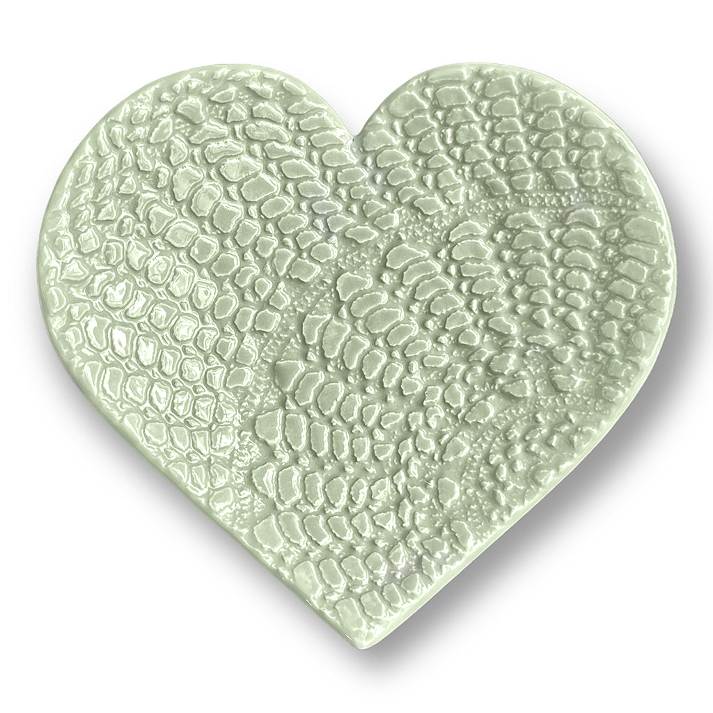 Heart shaped dish in sage with unique pattern hand made by Wendy Britton Ceramics
