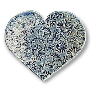 Heart shaped dish in denim blue colour with unique pattern hand made by Wendy Britton Ceramics