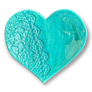 Heart shaped dish in turquoise with unique pattern hand made by Wendy Britton Ceramics