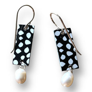 Small Pearl Bar Drop earrings designed by Jennie Riley with a different abstract pattern in black and white on the back of the earrings