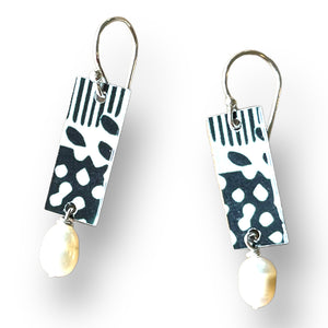 Small Pearl Bar Drop earrings designed by Jennie Riley with abstract pattern in black and white