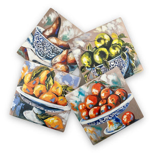 Lilli Rock Seasonal Fruit Set of 4 Coasters adorned with beautiful artwork by Australian artist Amanda Brooks