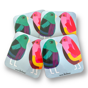 Set of four coasters of two colourful birds facing each other, painted by Anna Blatman