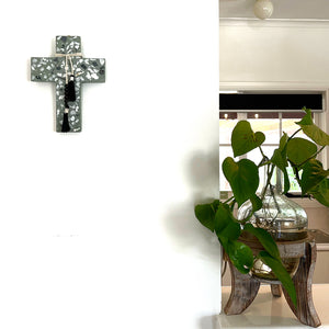 Our Bonnie wall cross has a sage back ground with white and charcoal terrazzo chips