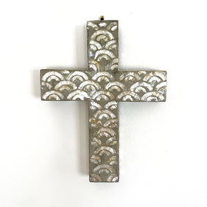 Our Aditi wall cross from ctc has a soft grey background with a champagne coloured arc pattern 