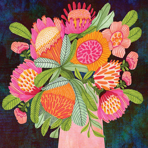 Stunning card from Kirsten Katz depicting a pink vase filled with Australian native flowers in bright pinks and oranges with contrasting green leaves