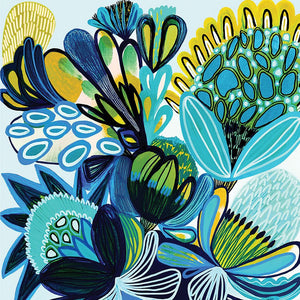 Greeting card depicting artwork from Australian artist Kirsten Katz with native Australian flowers in shades of blue and yellow