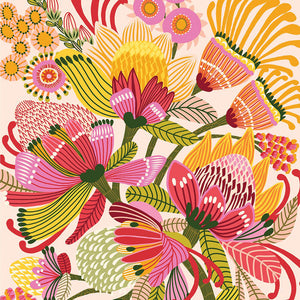 This greeting card called 'Wild Proteas' is a delightful splash of colours in pink, yellow, orange, green, and red set on a white background