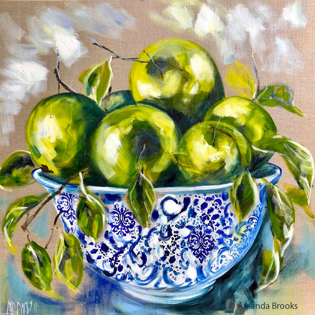Lilli Rock Seasonal Fruit Set of 4 Coasters adorned with beautiful artwork by Australian artist Amanda Brooks with a bowl of green apples