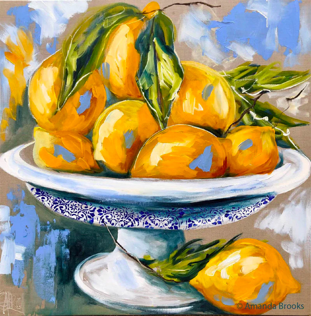 Lilli Rock Seasonal Fruit Set of 4 Coasters adorned with beautiful artwork by Australian artist Amanda Brooks with bowl filled with lemons