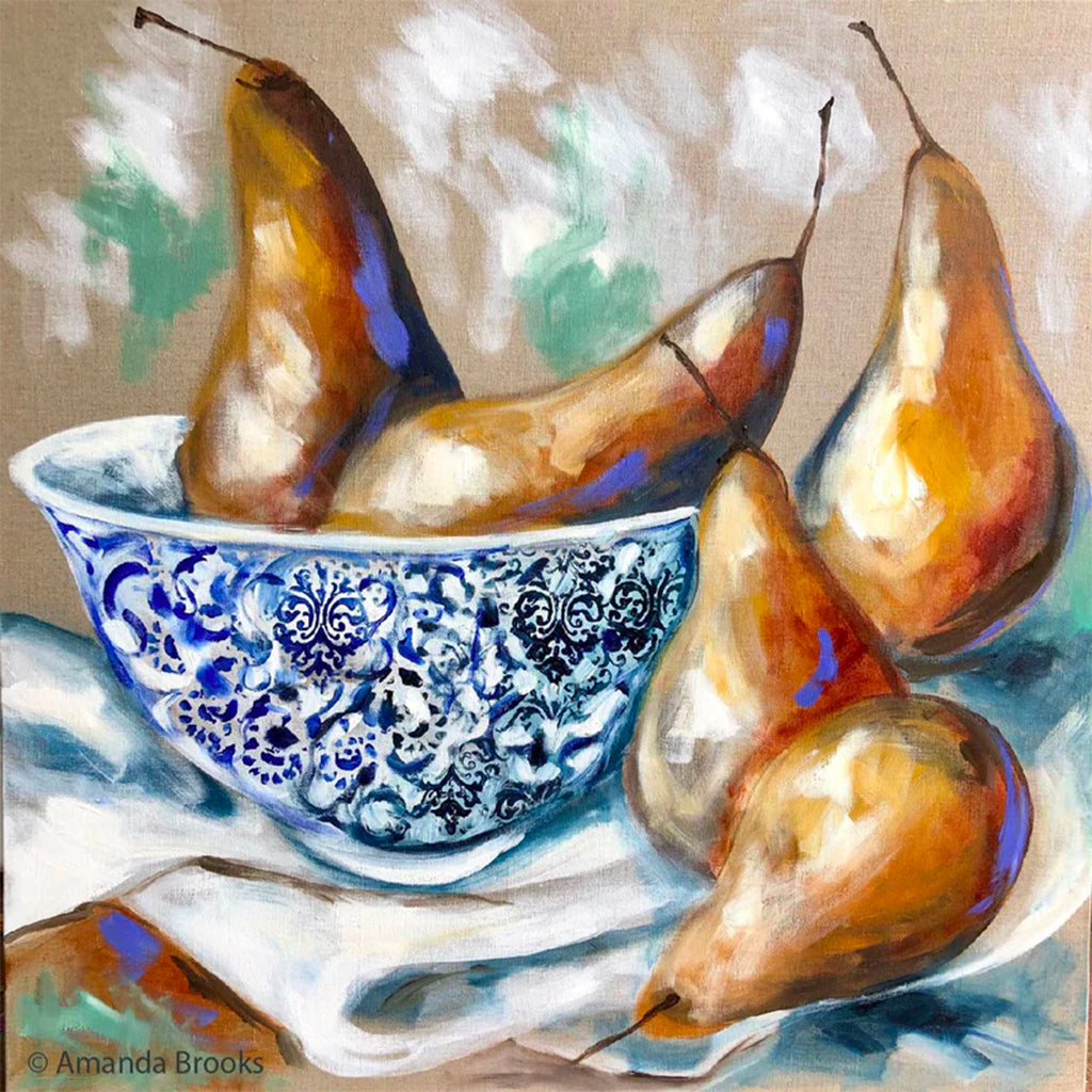 Lilli Rock Seasonal Fruit Set of 4 Coasters adorned with beautiful artwork by Australian artist Amanda Brooks with bowl and 5 pears